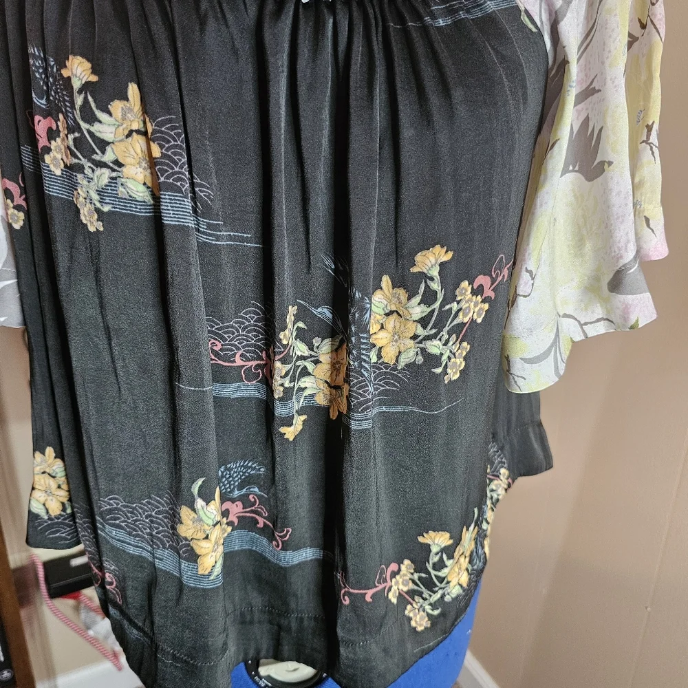 Free People Medium Babydoll Top Floral Koel Satin Off The Shoulder Flowy